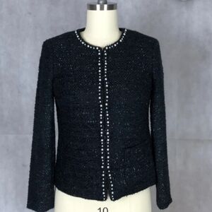 RSVP by Talbots White Pearl Trimmed Black Boucle Tweed Jacket Shimmer Size 2